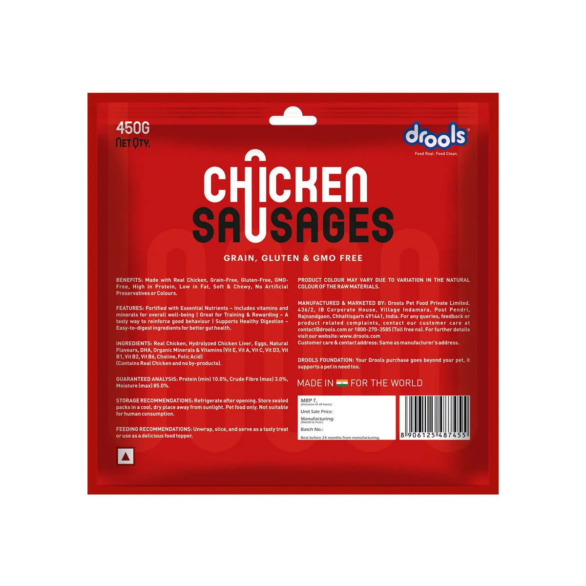 Drools Adult & Puppy Sausage for Dog, 450g | Chicken Flavour | High Protein | Treat & Food Topper | Grain Free | Best for Training & Bonding | No Preservatives Drools