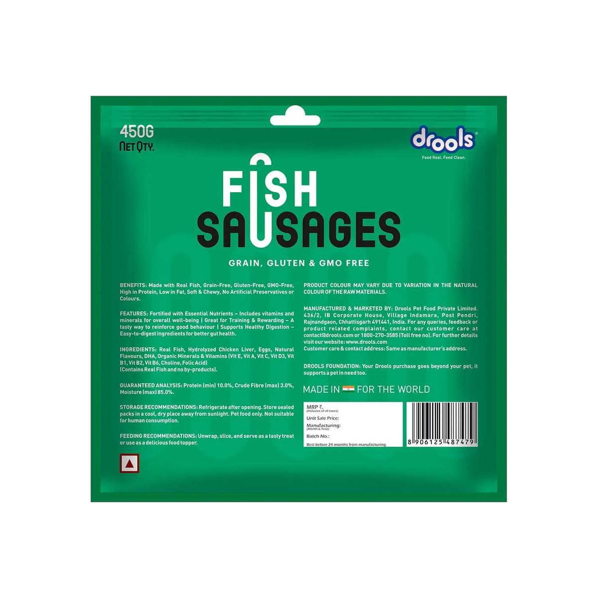 Drools Adult & Puppy Sausage for Dog, 450g | Real Fish Flavour | High Protein | Treat & Food Topper | Grain Free | Best for Training & Bonding | No Preservatives Drools