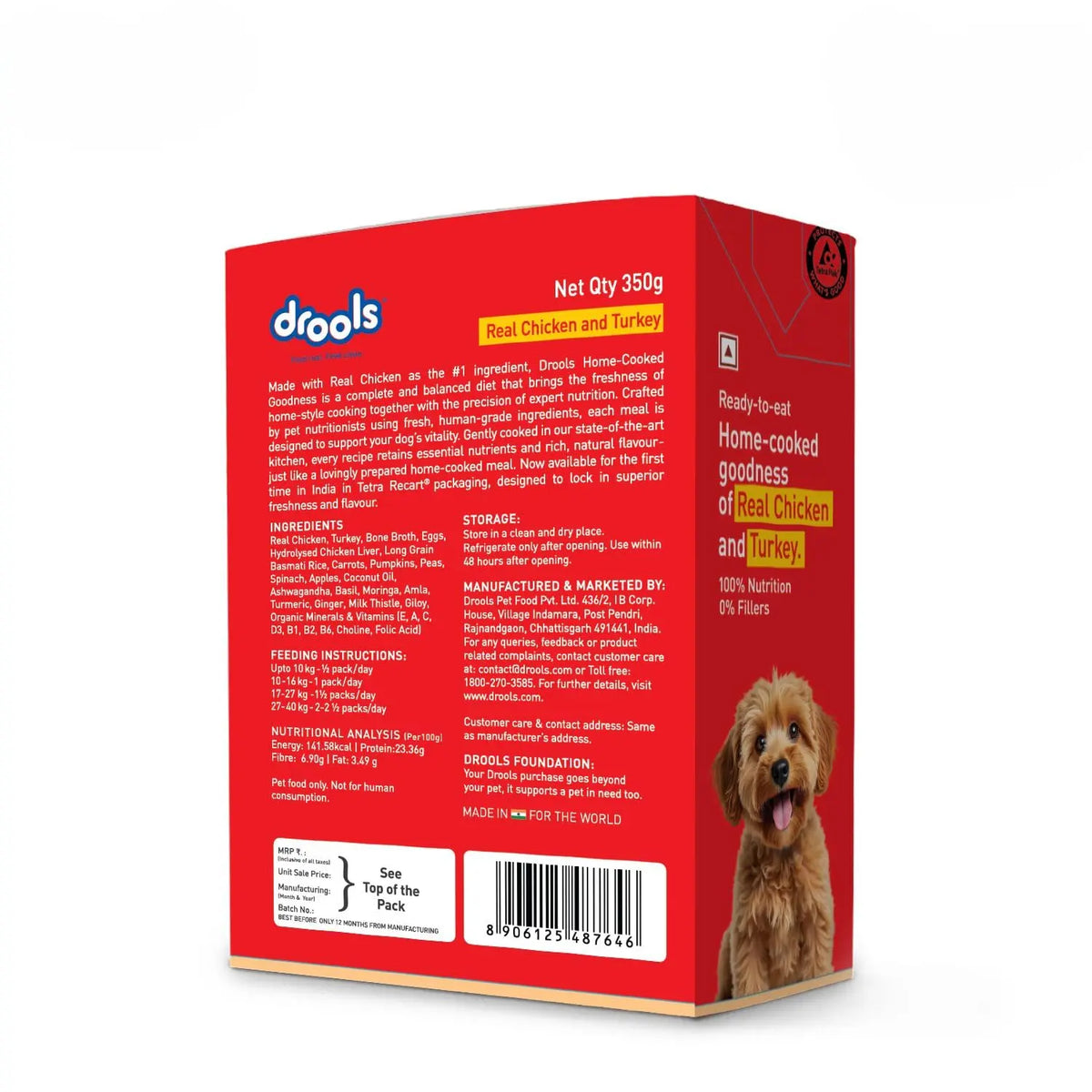 Drools Dog Fresh Food Tetra Pak Real Chicken & Turkey, for Adult & Puppy, 350g | High Protein, 90% Real Meat | No Preservatives | Retains Freshness & Flavours | Ready to Serve | One Pack Per Meal Drools