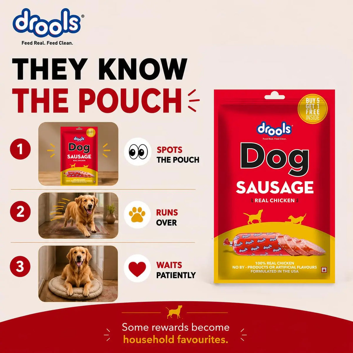 Drools Puppy & Adult Dog Sausage 360g (5+1 Free) | Chicken Flavour | Supports Brain & Vision Development | Promotes Muscle Growth | Aids Digestion & Overall Wellness Drools