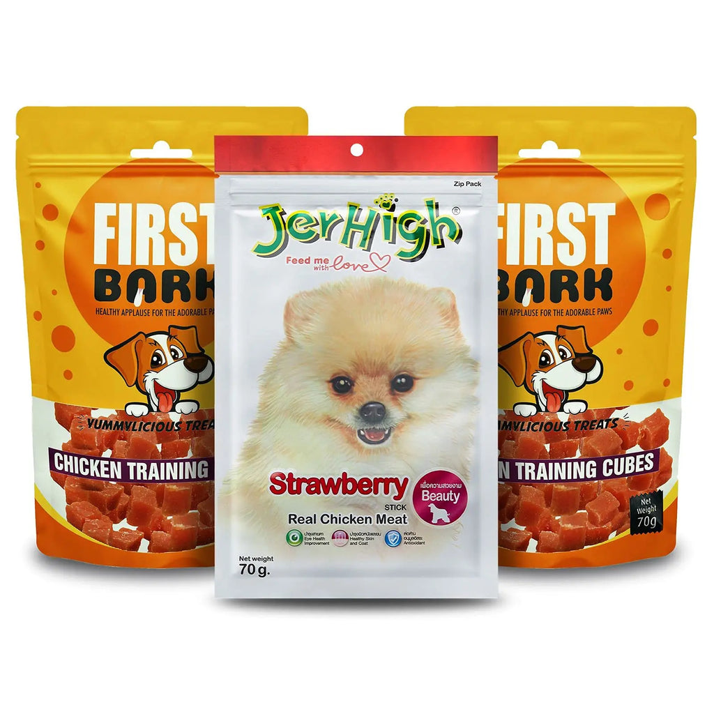 First Bark Jerky & Jerhigh Dog Treats Combo - Strawberry 70G X1 & Chicken Training Cubes X2 Sold By Dogsncats, For All Life Stages First Bark