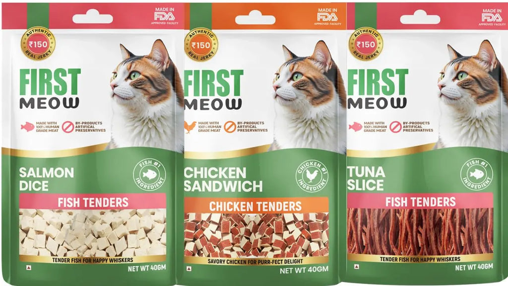 First Meow DogsNCats Cat Treats Combo Salmon Dice x1 & Chicken Sandwich x1 & Tuna Slice x1 Sold by DogsNCats First Meow