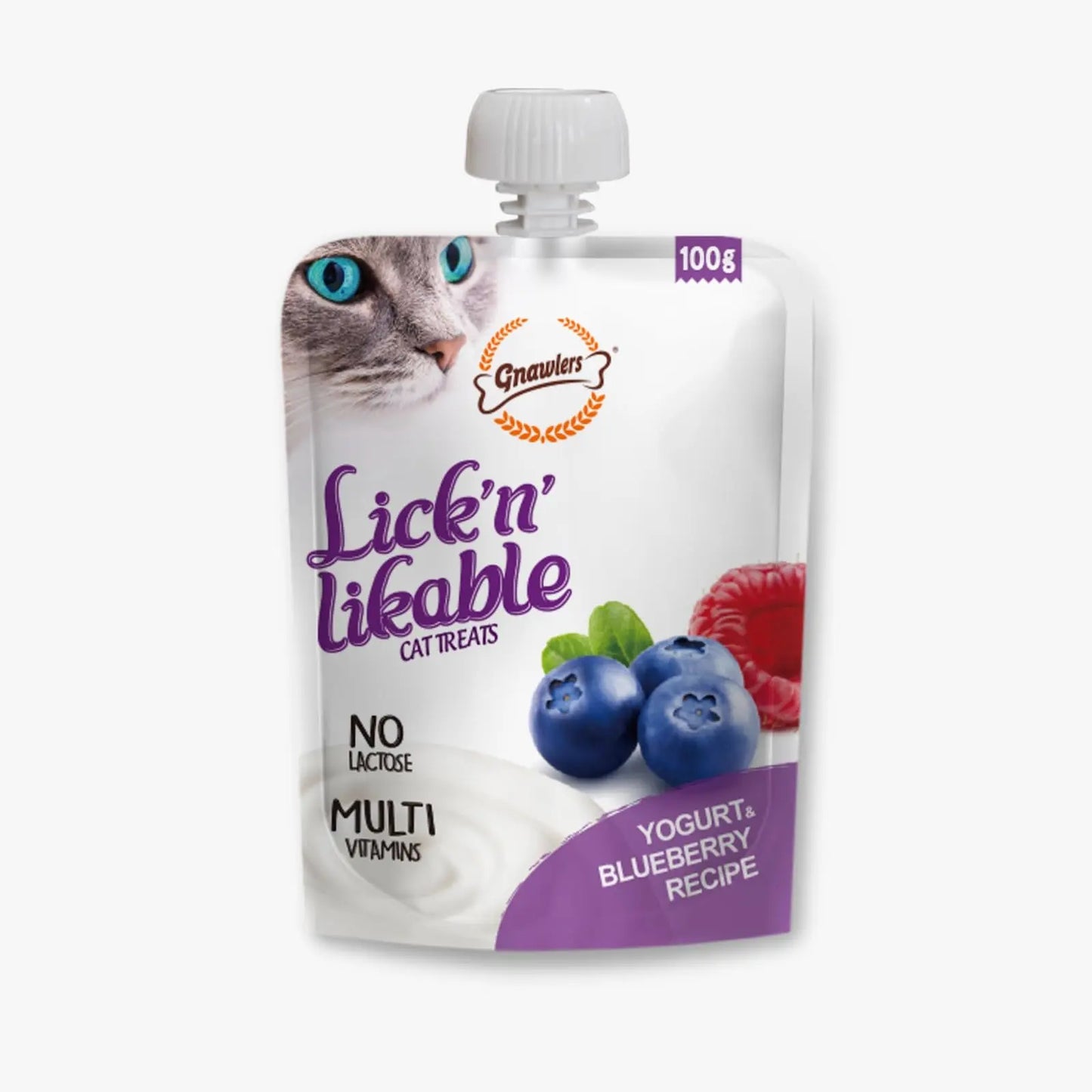 Gnawlers Lickable Wet Creamy Cat Treats with Yogurt & Blueberry Flavour for Adult & Senior Cats, Healthy Cat Treat, Pack of 8 - by DogsNCats GNAWLERS