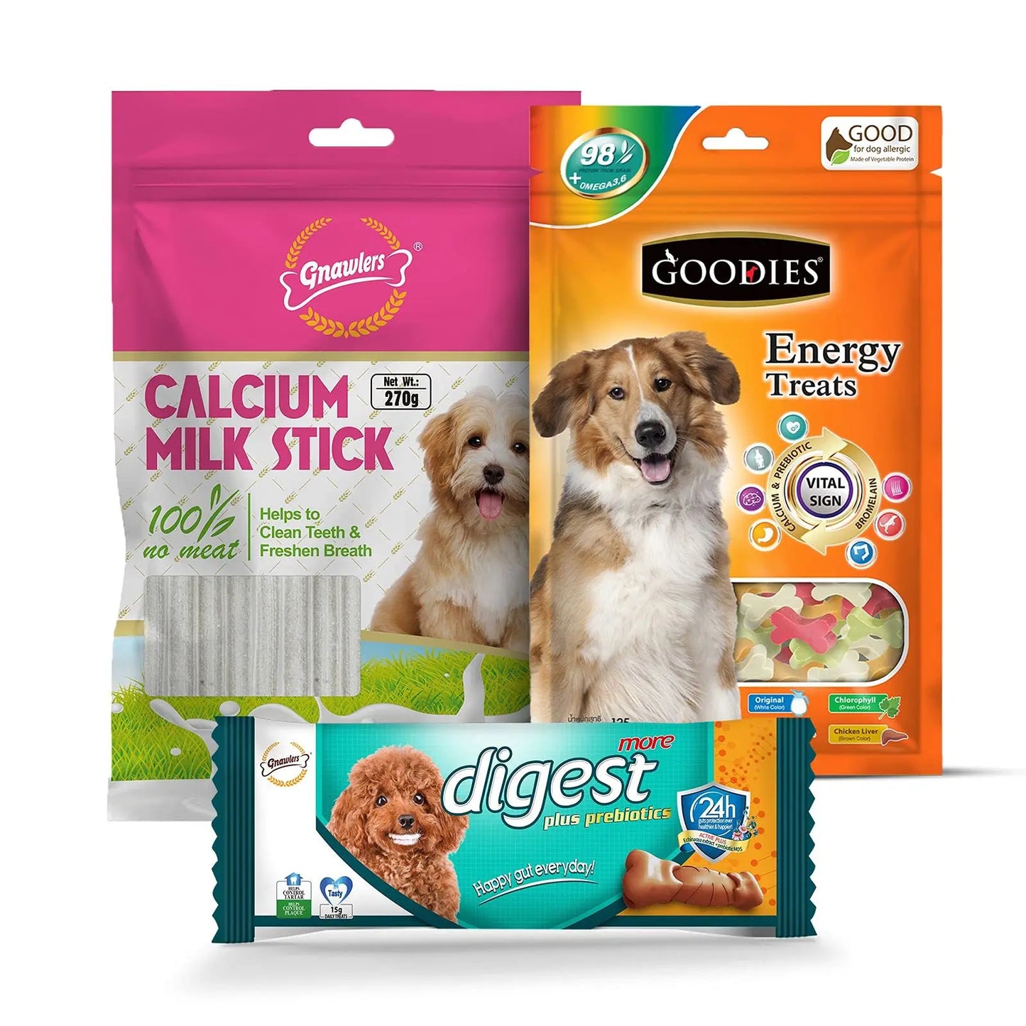 Gnawlers, Goodies Dog Energy Treats Combo 499 - Gnawlers Calcium Milk Stick 270g, Goodies Energy Treat Cut Bone 125g, Gnawlers Digest More 15g Sold by DogsNCats GNAWLERS
