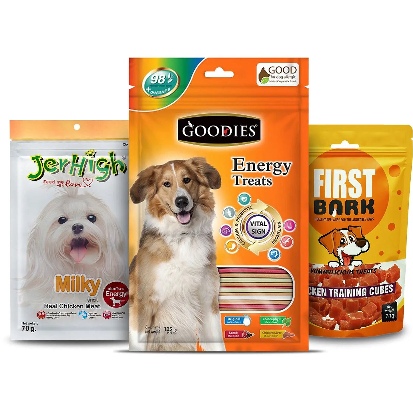 Goodies First Bark Jerky, Jerhigh Dog Treat, Dog Energy Treats Combo -Jerhigh Milky 70G, Energy Treat Mix Stick 125G, First Bark Chicken Training Cubes By Dogsncats, All Life Stages Goodies