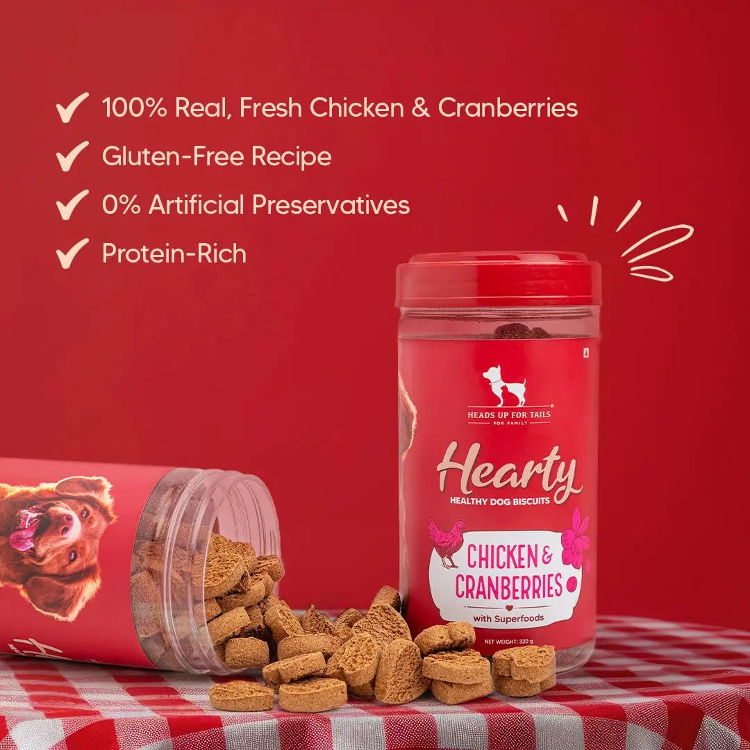 Hearty by Heads Up for Tails - Chicken & Cranberries Dog Biscuits for Adult Dogs & Puppies | Chicken Biscuits, Protein-Rich & Gluten-Free | No Artificial Preservatives | 320 gm Heads Up For Tails