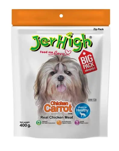 JerHigh Chicken Dog Treats, Human Grade High Protein Chicken, Fully Digestible Healthy Snack & Training Treat, Free from by-Products & Gluten, Carrot 400Gm Sold by Dogsncats - All Life Stages, Stick JerHigh