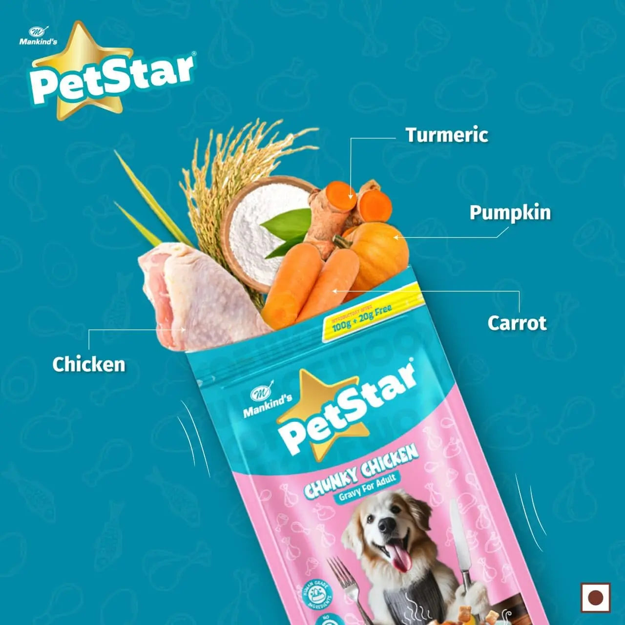 Mankind Petstar Adult Wet Dog Food (High Protein) Chunky Chicken Gravy, 120g (Pack of 15) | Made with Real Chicken & Veggies |No Artificial Flavors PETSTAR