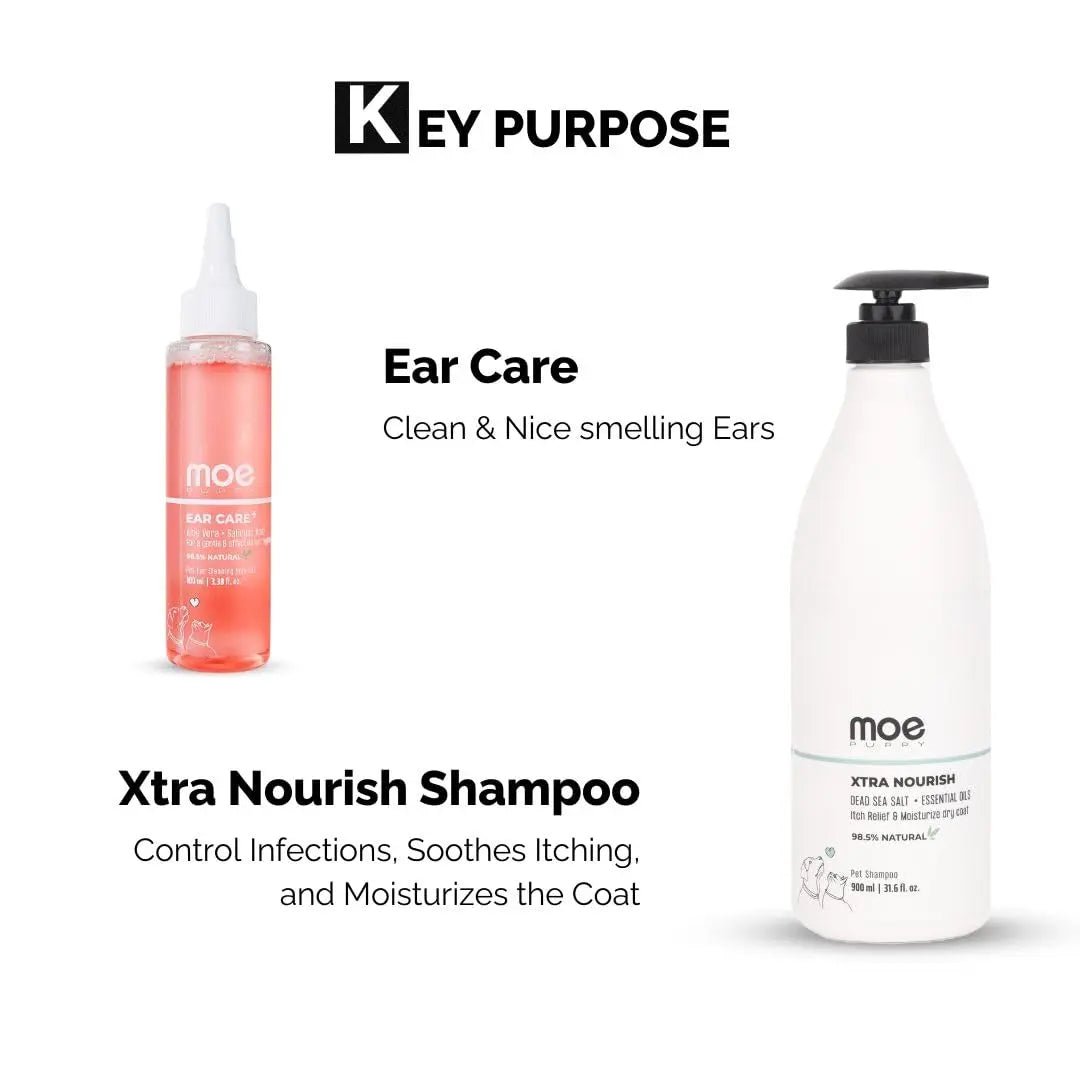 Moe Puppy 6-Month Pet Grooming Kit Combo – Xtra Nourish Dog & Cat Shampoo (900ml), Dental Spray (100ml), Ear Cleaner (100ml), Paw Balm (30g) – All-in-One Grooming Essentials for Dogs & Cats Moe Puppy