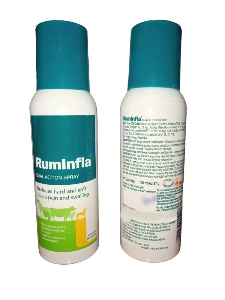 RUMINFLA Dual Action Spray Reduces Hard & Soft Tissues Pain & Swelling in Goat,Sheep,Cow,Calf,Buffalo,Horse (100ml) Amanpetshop-