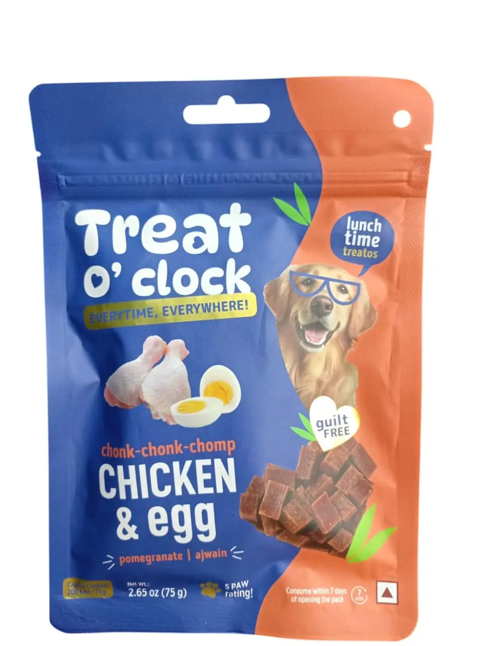 Treat O'CLOCK - Chicken & Egg Treats - Lunch Time Snack - for Dogs, Cats & Pups of All Breeds - Pack of 4 @75 g PETMATE YOUR PAW PARTNER