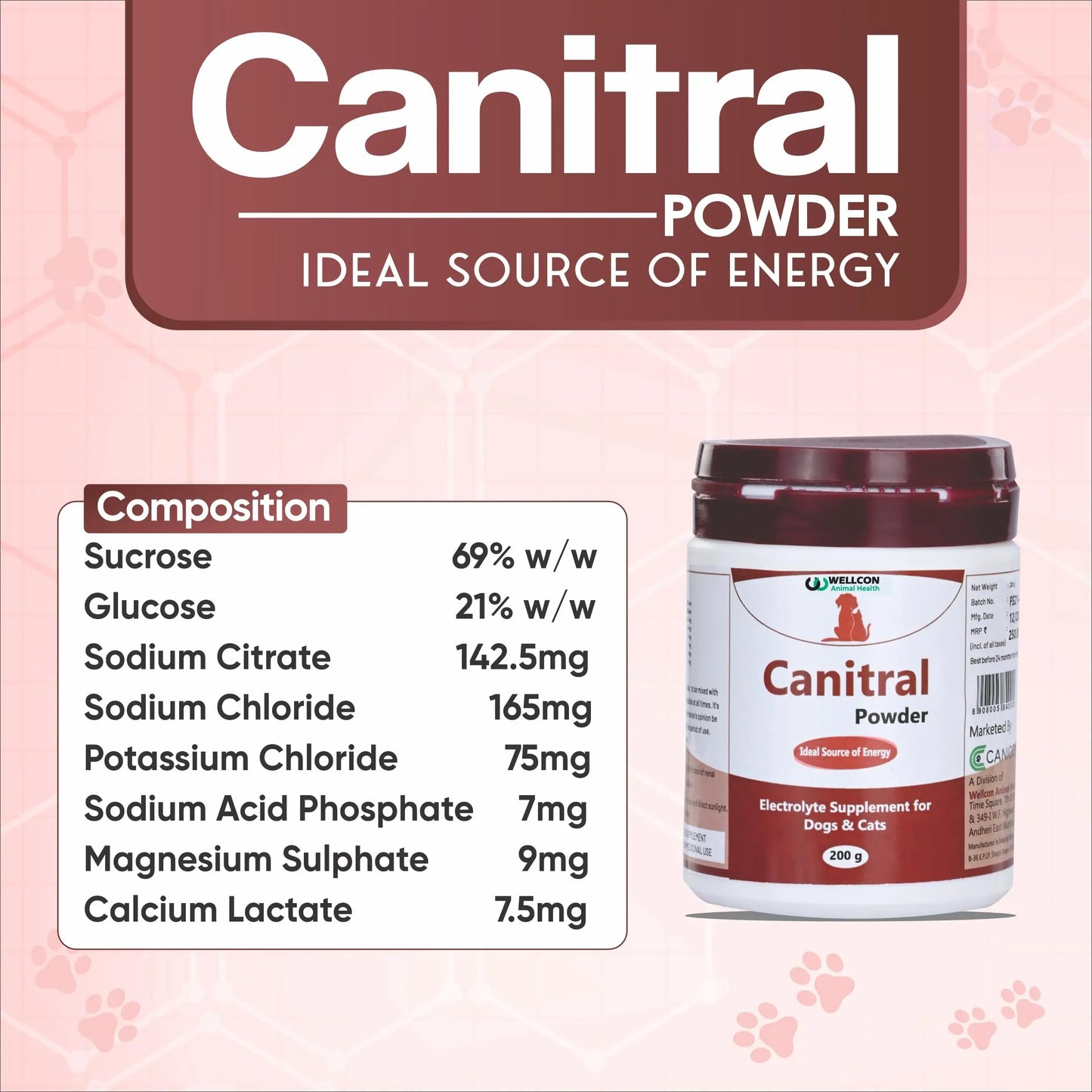 WELLCON ANIMAL HEALTH | Canitral Powder | Electrolyte Supplement for Dogs & Cats | Ideal Source of Energy | Supports Hydration & Recovery | 200 G WELLCON ANIMAL HEALTH