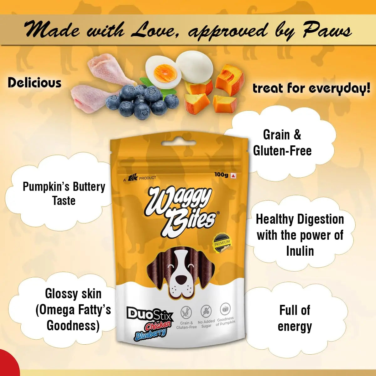 Waggy Bites DuoStix | Grain & Gluten-Free Snacks | Rich in Omega Fatty Acids, Vitamins & Minerals for Adult Dogs & Puppies | 100g | Pack of 1 Waggy Bites