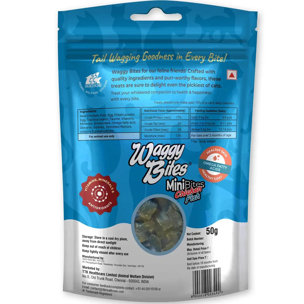 Waggy Bites Minibites Dry Chicken and Fish Bites for Cats | No Added Sugar | Contains Taurine | 50 g | Pack of 2 Waggy Bites