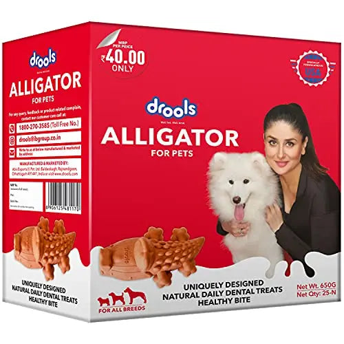 Drools Alligator Dental Treat for Pets - 25 Pieces, 650g, Brown Drools