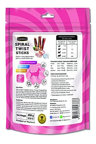 Goodies Dog Energy Treats Spiral Twist Stick Chicken Liver & Bacon Flavor 98% Healthy Snack & Training Treat, Best for Dog (1 x 450g) Amanpetshop-