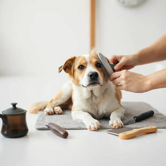 Calm dog being gently brushed with grooming tools on a towel in a bright home grooming area