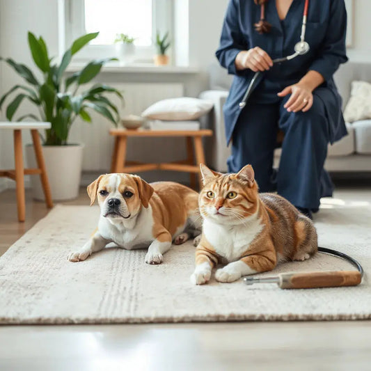 Calm dog and cat resting indoors with a veterinarian nearby and a soft brush on a side table