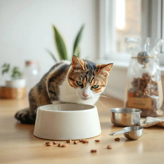 Domestic cat eating dry kibble from a ceramic bowl with a nearby water bowl and measuring scoop