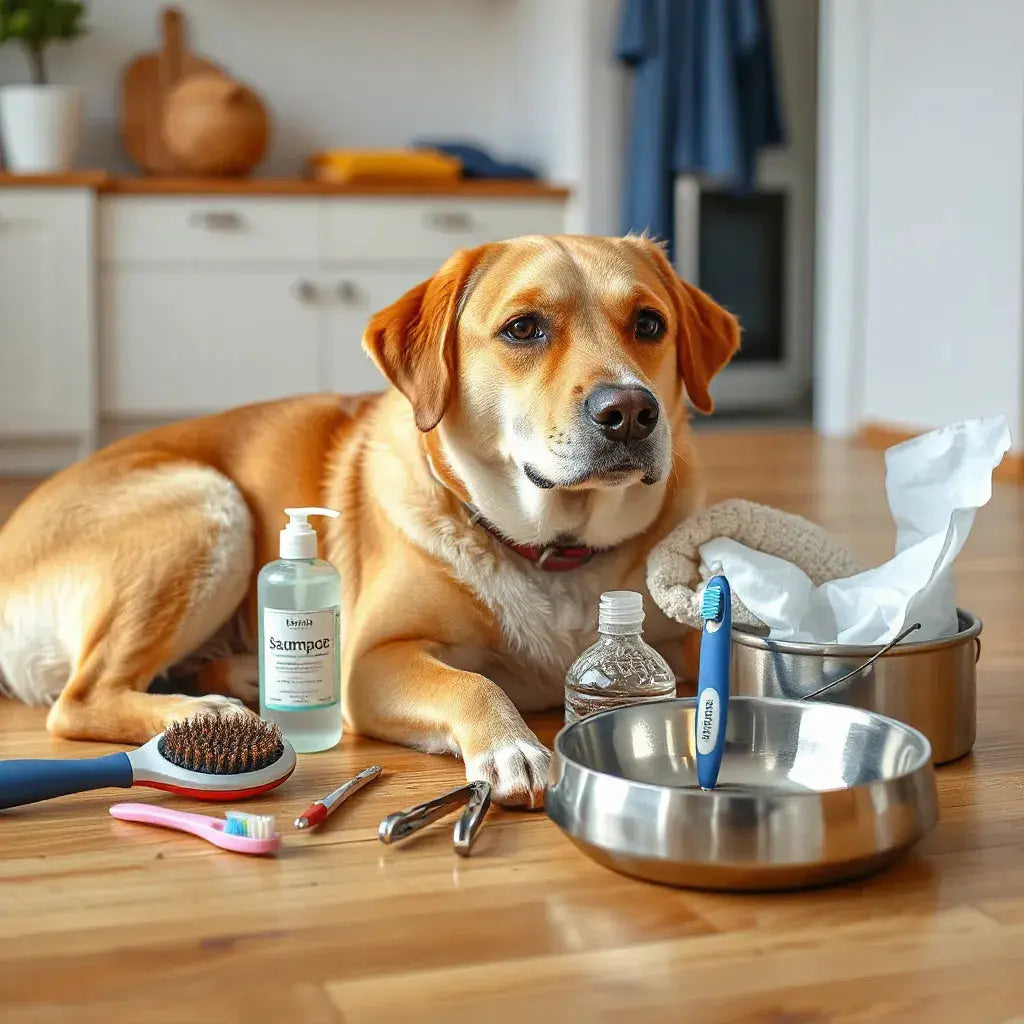 A healthy dog beside neatly arranged grooming and hygiene supplies for everyday care