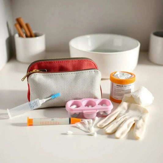 Organized pet medicine supplies including a thermometer, gloves, and a pill organizer on a clean surface.