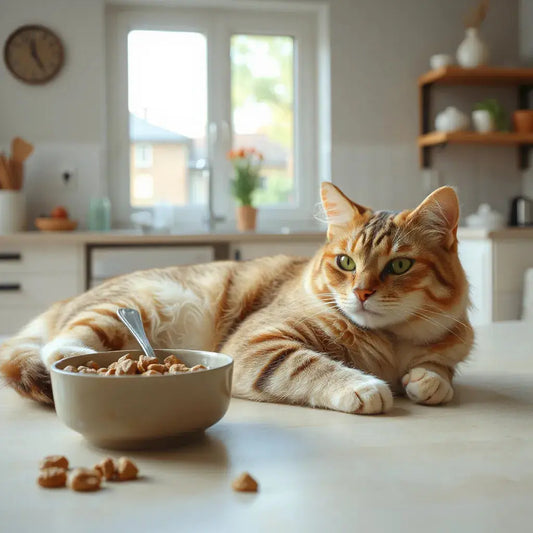 Senior cat resting beside bowls of kibble and fresh water in a warm home setting