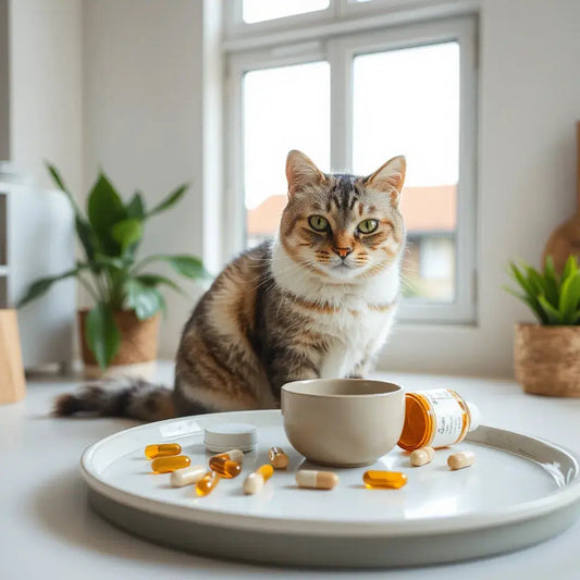 Calm cat near a ceramic bowl with a natural supplement bottle and a few capsules on a tray