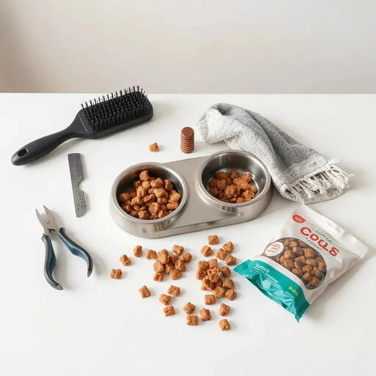 Assorted everyday pet care items neatly arranged, including grooming tools and food and water bowls.