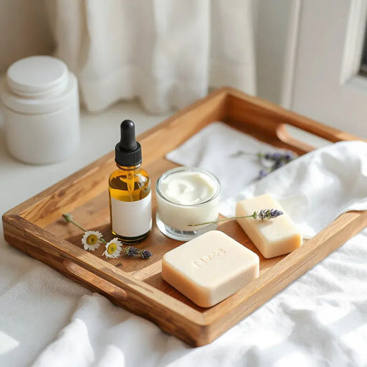Natural skincare jars and oils on a wooden tray with botanical herbs in soft window light.