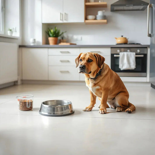 Dog food and water bowls with a measuring cup beside them in a bright home feeding area