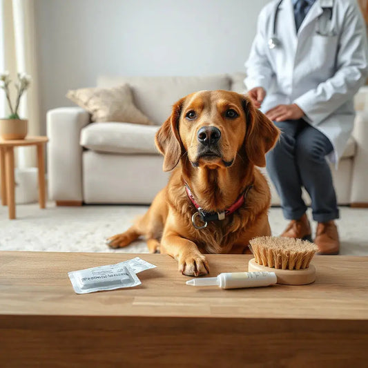 Veterinarian preparing dog parasite prevention drops beside a calm dog on a clean table