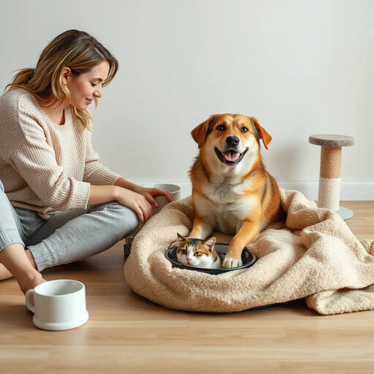 Person providing calm daily care for a dog and cat with clean water, cozy bedding, and enrichment items nearby