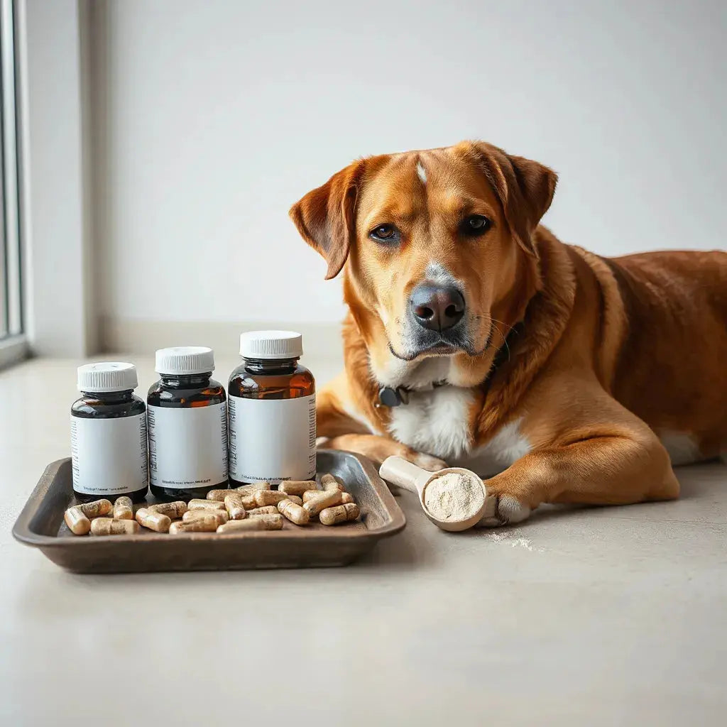 Healthy dog beside a tray of canine supplement bottles and a measuring scoop for easy dosing