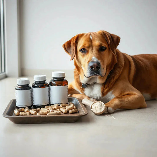 Healthy dog beside a tray of canine supplement bottles and a measuring scoop for easy dosing