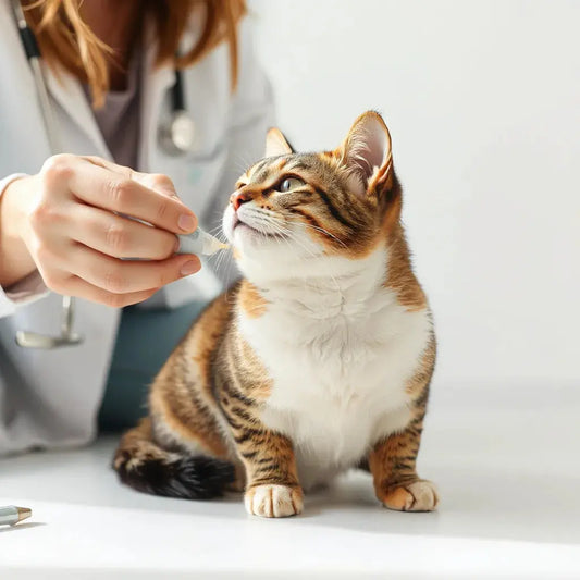 Calm cat with a veterinarian holding a safe flea and worm treatment tool near the neck