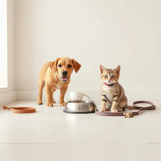 Dog and cat near measured food bowls, with a measuring cup and small activity toy on a clean floor