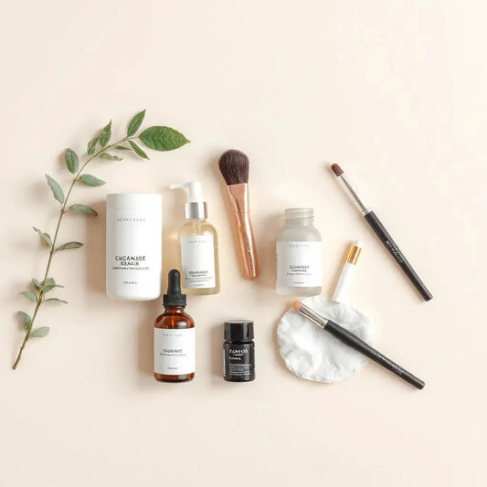Assorted cruelty-free skincare and cosmetics products with a makeup brush and cotton pad on a neutral background
