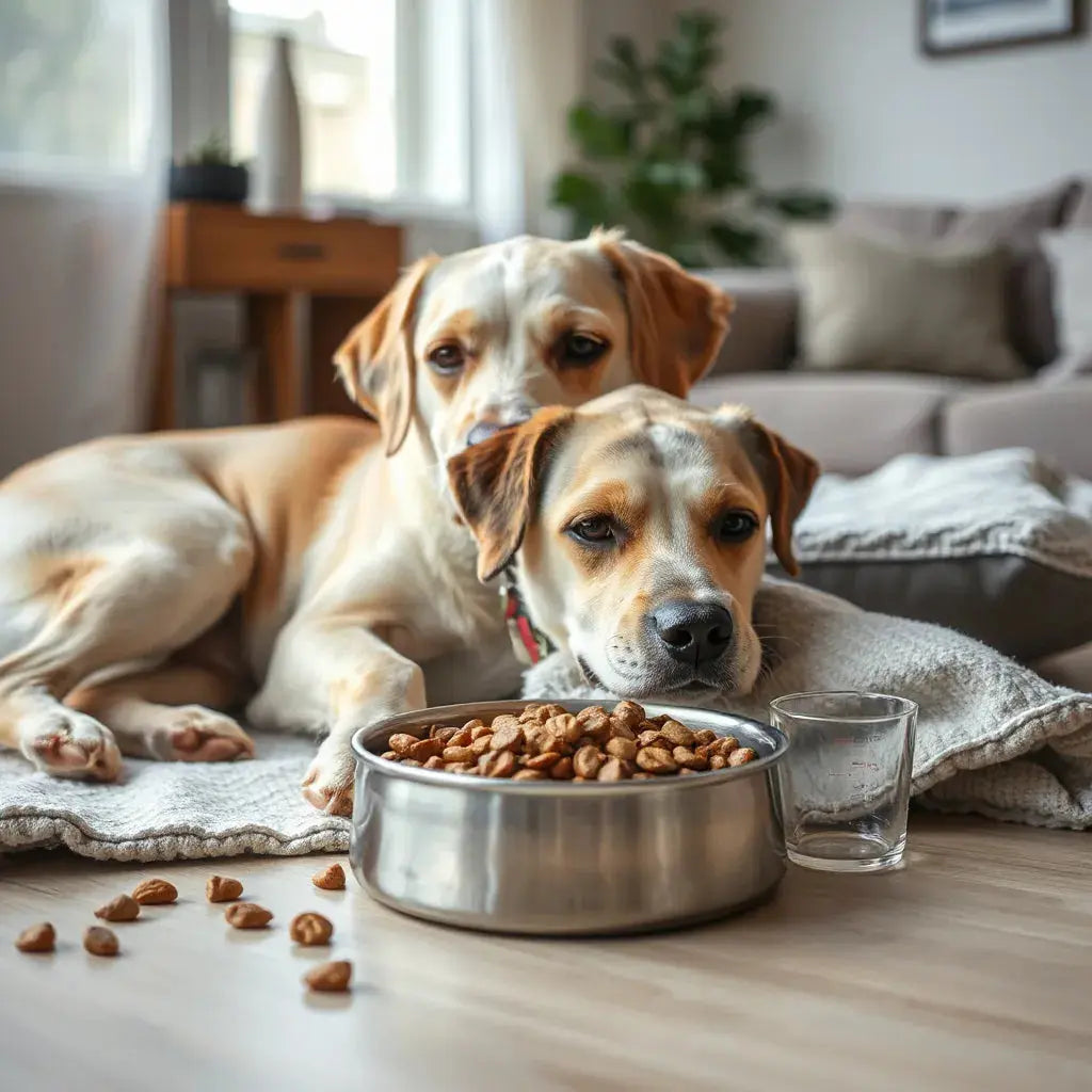 Senior dog resting beside a bowl of senior dog food in a calm home setting