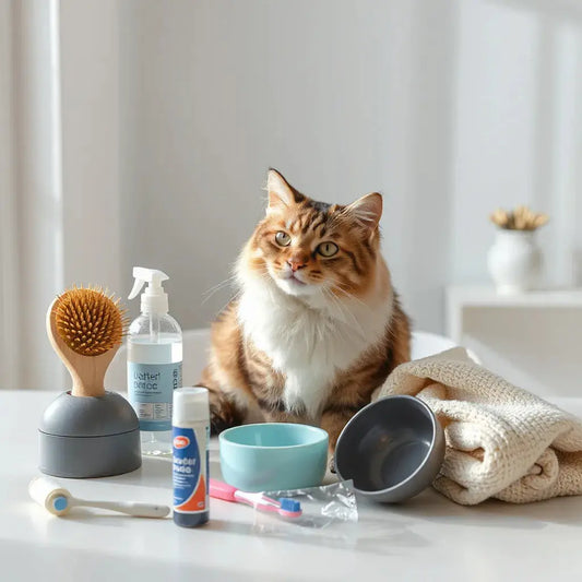 Calm cat beside neatly arranged grooming and hygiene supplies for maintaining everyday cat health