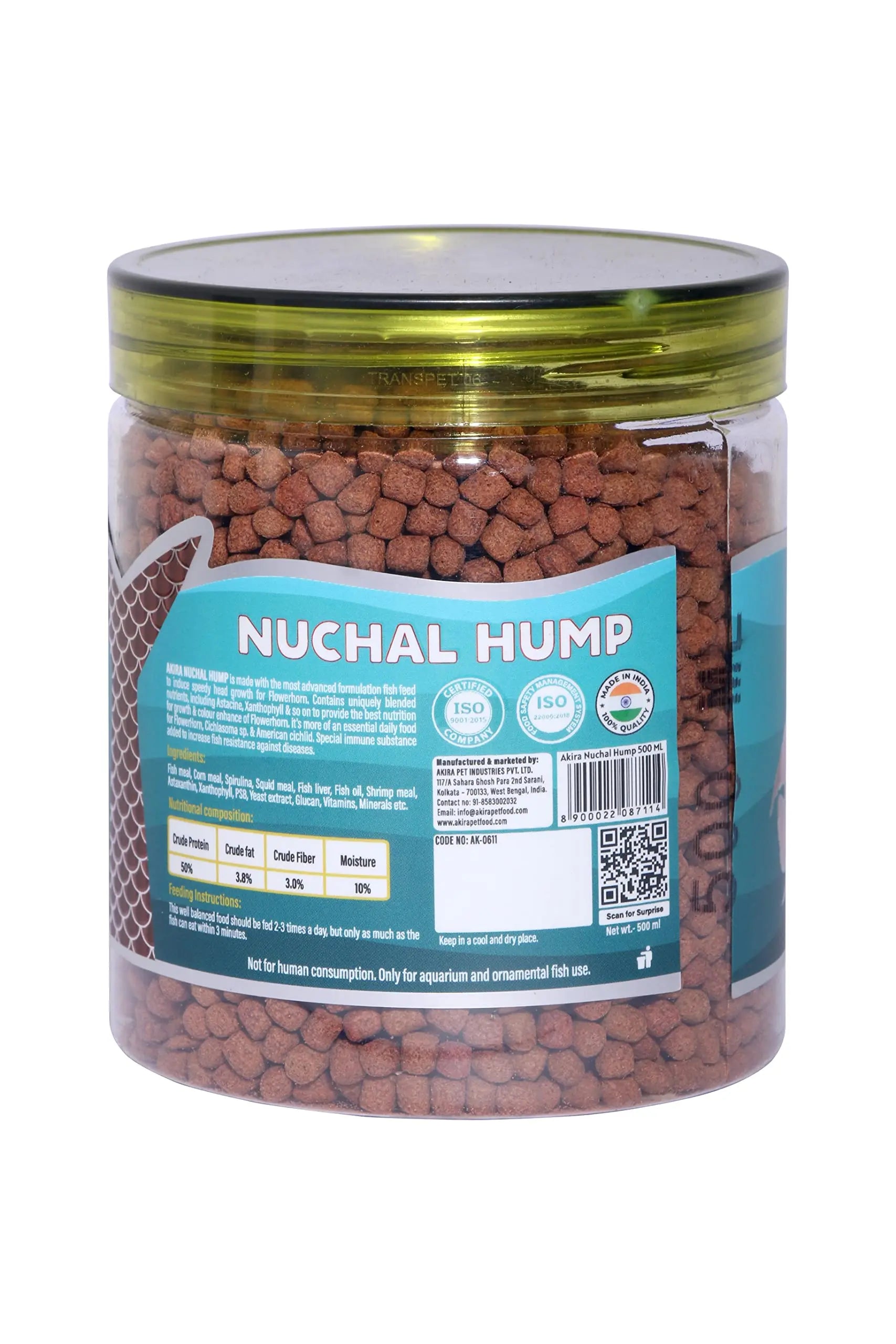 AKIRA NUCHAL Hump - 500ML,Protein : 50% (A Premium Diet for FLOWERHORN Growth Shape and Head), All Life Stages, Pellet, fish AKIRA