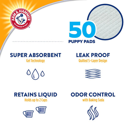 Arm & Hammer for Dogs Puppy Training Pads with Attractant | New & Improved Super Absorbent, Leak-Proof, Odor Control Quilted Puppy Pads with Baking Soda| 50 Count Wee Wee Pads ARM & HAMMER