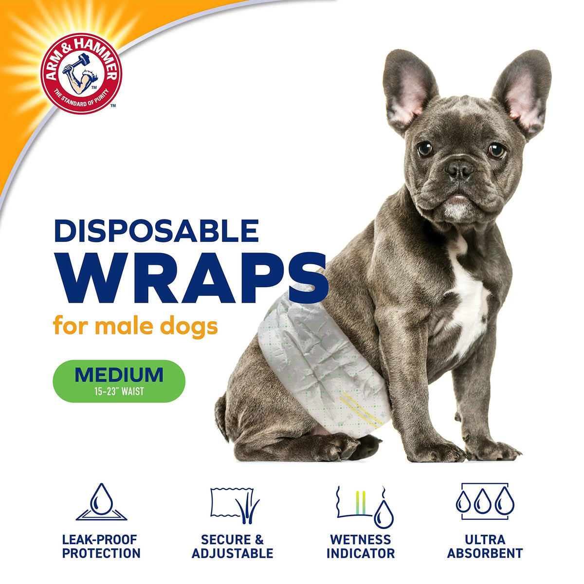 Arm & Hammer for Pets Male Dog Wraps, Medium 12 Ct | Ultra-Absorbent, Adjustable Male Dog Diapers with Leak-Proof Protection & Wetness Indicator | Arm & Hammer Baking Soda Enhanced for Odor Control ARM & HAMMER