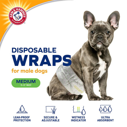 Arm & Hammer for Pets Male Dog Wraps, Medium 12 Ct | Ultra-Absorbent, Adjustable Male Dog Diapers with Leak-Proof Protection & Wetness Indicator | Arm & Hammer Baking Soda Enhanced for Odor Control ARM & HAMMER