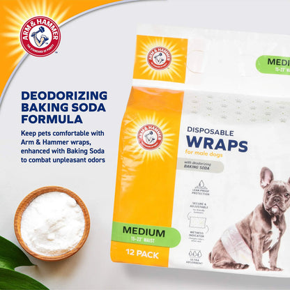 Arm & Hammer for Pets Male Dog Wraps, Medium 12 Ct | Ultra-Absorbent, Adjustable Male Dog Diapers with Leak-Proof Protection & Wetness Indicator | Arm & Hammer Baking Soda Enhanced for Odor Control ARM & HAMMER