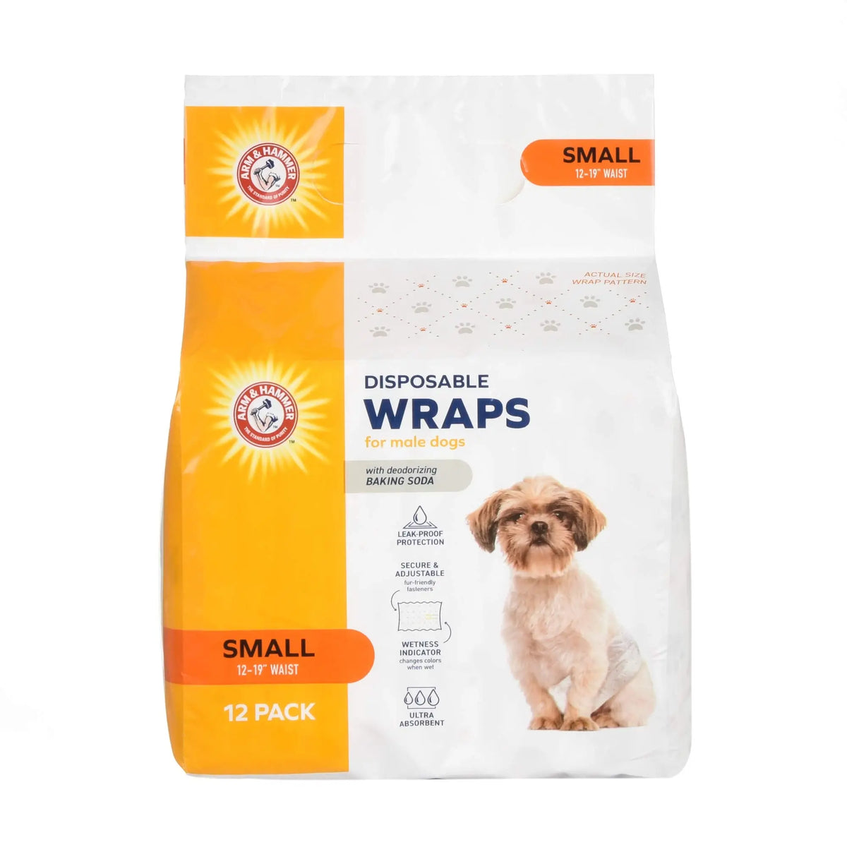 Arm & Hammer for Pets Male Dog Wraps, Size Small, 12 Count | Ultra-Absorbent, Adjustable Male Dog Diapers with Leak-Proof Protection and Wetness Indicator | Baking Soda for Odor Control ARM & HAMMER