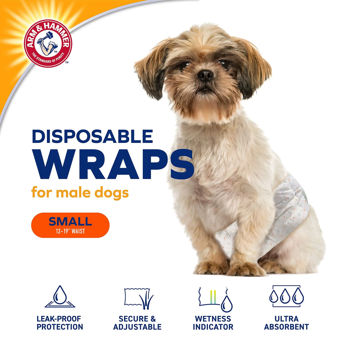 Arm & Hammer for Pets Male Dog Wraps, Size Small, 12 Count | Ultra-Absorbent, Adjustable Male Dog Diapers with Leak-Proof Protection and Wetness Indicator | Baking Soda for Odor Control ARM & HAMMER