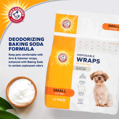 Arm & Hammer for Pets Male Dog Wraps, Size Small, 12 Count | Ultra-Absorbent, Adjustable Male Dog Diapers with Leak-Proof Protection and Wetness Indicator | Baking Soda for Odor Control ARM & HAMMER