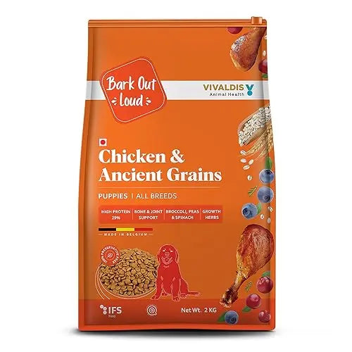 Bark Out Loud by Vivaldis - Chicken & Ancient Grains Puppy Dry Dog Food for All Breeds, Rich in Chicken Protein, Nutrients, Antioxidant and Growth Herbs, 2kg Pack BARK OUT LOUD