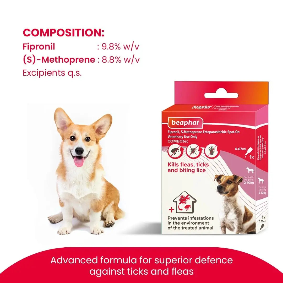 Beaphar Flea & Tick Spot On Combotec Fipronil/s-Methoprene | Kills Fleas, Ticks and Biting Lice | 0.67 ML Single Pipette for Small Dog Beaphar