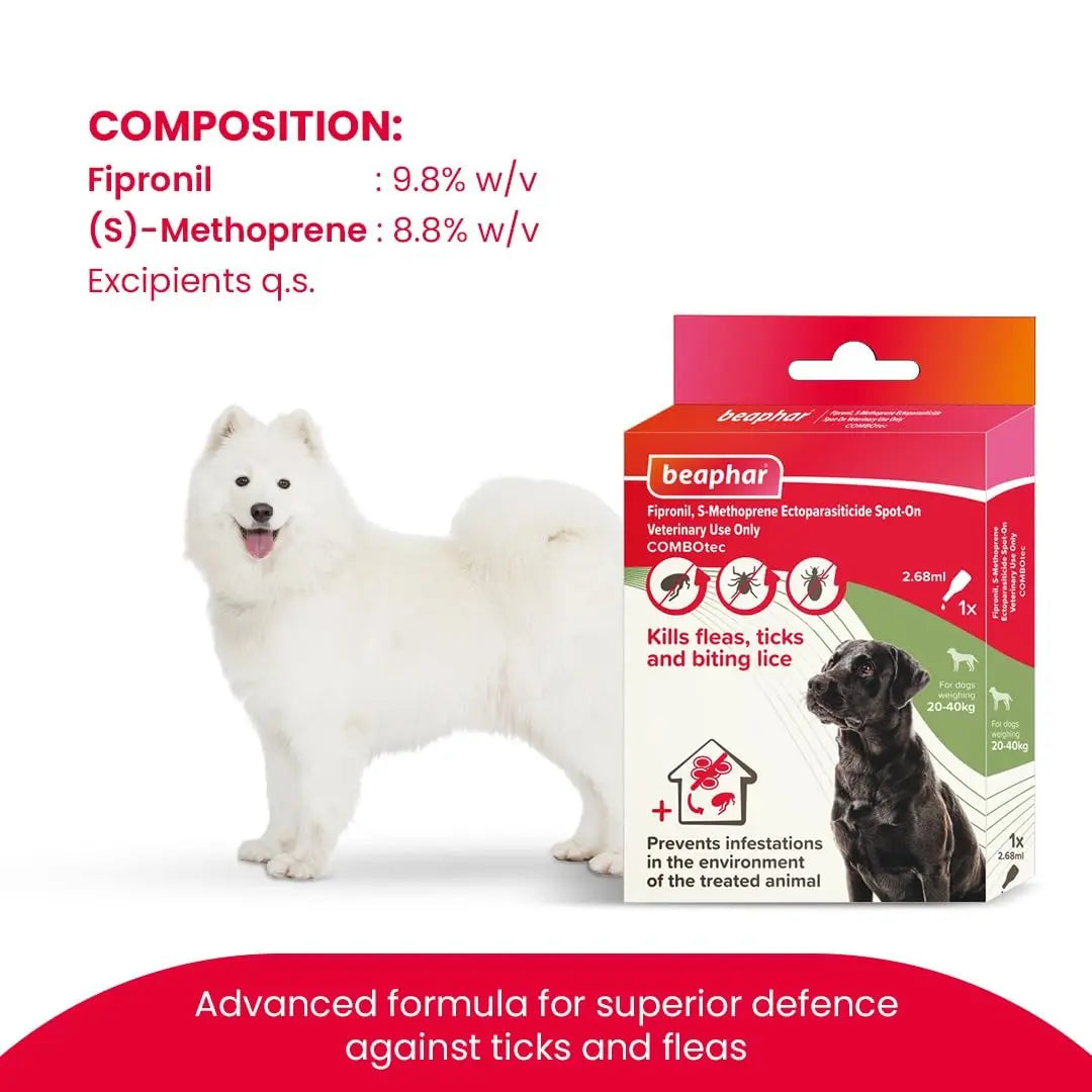 Beaphar Flea & Tick Spot On Combotec Fipronil/s-Methoprene | Kills Fleas, Ticks and Biting Lice | 2.68 ML Single Pipette for Large Dog Beaphar